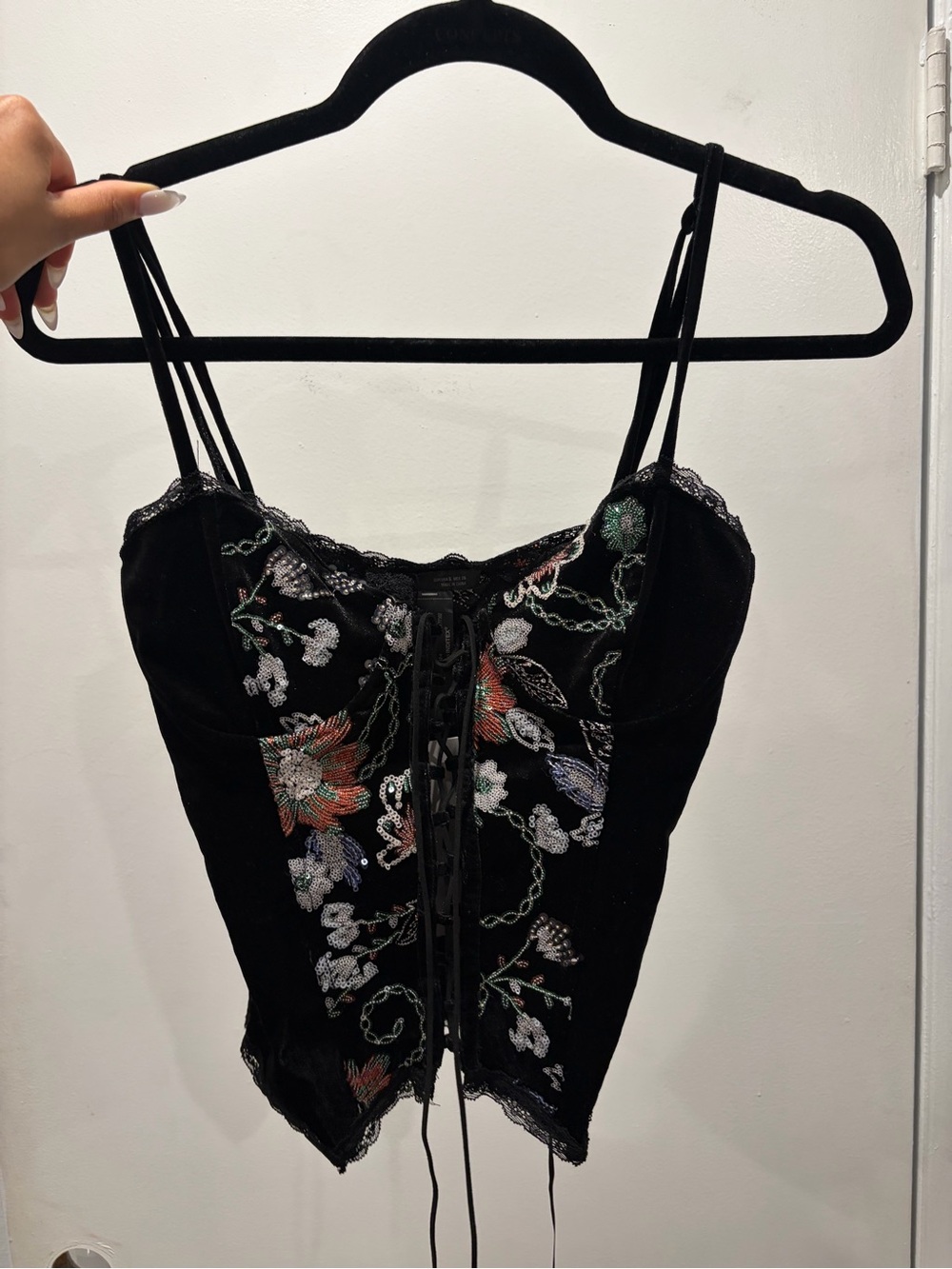 Zara Black Embroidered Lace-Up Floral Cami Crop Top